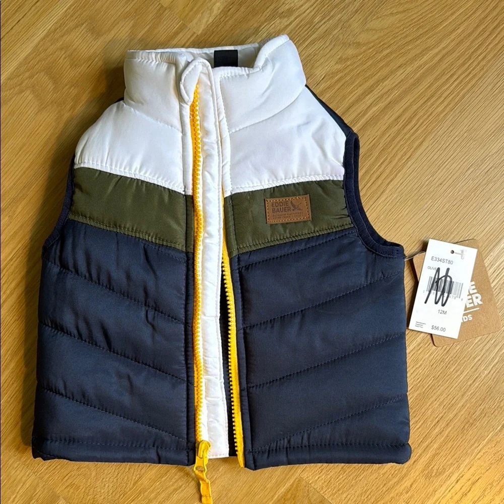 Eddie Bauer Kids Puffer Vest - Navy/White/Olive with Yellow Trim